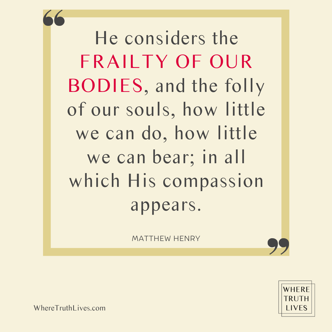 He considers the frailty of our bodies, and the folly of our souls, how little we can do, how little we can bear; in all which His compassion appears. - Matthew Henry quote